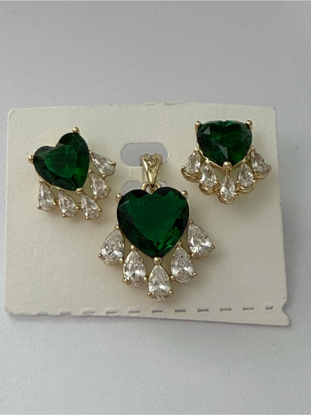 Gold-Tone Green Heart Crystal Pendant & Earring Set